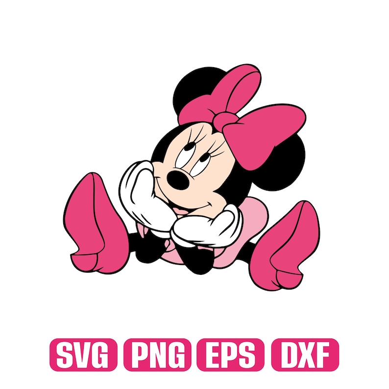 May include: A cartoon illustration of Minnie Mouse in a seated pose, with a pink bow, dress, and shoes. Her hands are near her face, and the image includes the text "SVG PNG EPS DXF" in a pink rectangular box.