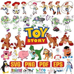 Può includere: Una collezione di illustrazioni colorate dei personaggi di Toy Story, tra cui Woody, Buzz Lightyear, Jessie e altri. Il logo "Toy Story" è ben visibile, insieme a etichette di tipo di file come SVG, PNG, PDF ed EPS. Sono inclusi anche grafica e testo aggiuntivi.