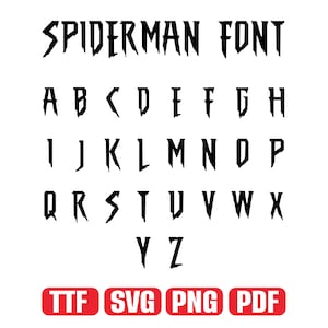 May include: Black "SPIDERMAN FONT" with a full alphabet in a jagged, stylized design. The letters are in a bold, sans-serif style. Below the alphabet are red rectangles with white text: TTF, SVG, PNG, and PDF.