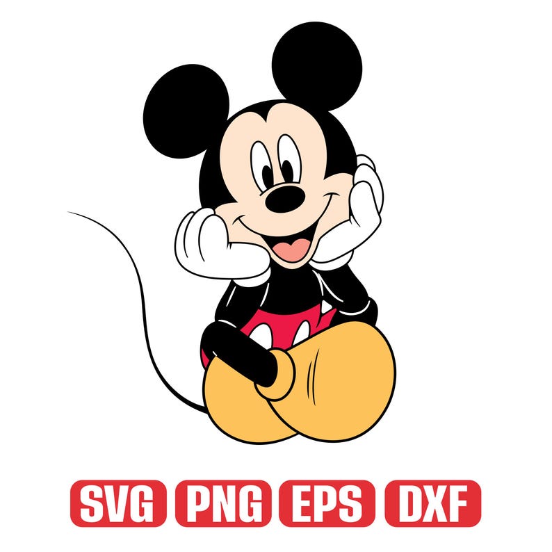 Op de afbeelding: Een cartoon illustratie van Mickey Mouse, een populair Disney-personage, in een zittende pose. Mickey Mouse wordt afgebeeld met zwarte oren, een zwart lichaam, witte handschoenen, een rode broek en gele schoenen. De afbeelding bevat de tekst "SVG PNG EPS DXX" in een rode rechthoek.