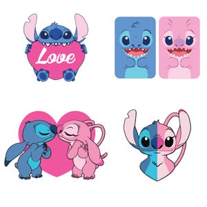 Pu&ograve; includere: Una collezione di immagini di cartoni animati con il personaggio Stitch. Un'immagine mostra Stitch che tiene in mano un cuore rosa con la scritta "Love". Altre immagini includono Stitch e un personaggio rosa che si baciano.