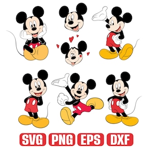 Op de afbeelding: Een verzameling Mickey Mouse-illustraties in verschillende poses, waaronder een close-up met harten. Mickey draagt zijn kenmerkende rode broek, gele schoenen en witte handschoenen. De afbeelding bevat ook de tekst "SVG PNG EPS DXF" in een rode rechthoek.