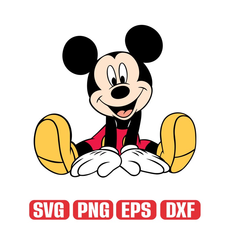 Op de afbeelding: Een cartoon illustratie van Mickey Mouse die zit met zijn benen gespreid. Mickey Mouse draagt een rode broek, zwarte schoenen en witte handschoenen. De afbeelding bevat de tekst "SVG PNG EPS DXF" in een rode rechthoek.