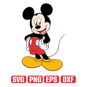 Op de afbeelding: Een cartoon illustratie van Mickey Mouse, een populair Disney-personage. Mickey is afgebeeld in zijn klassieke outfit: zwart lichaam, rode shorts, gele schoenen en witte handschoenen. De afbeelding bevat de tekst "SVG PNG EPS DXXF".