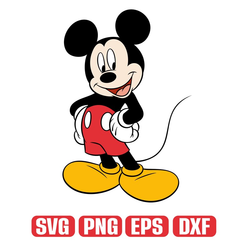 Op de afbeelding: Een cartoon illustratie van Mickey Mouse, een populair Disney-personage. Mickey is afgebeeld in zijn klassieke outfit: zwart lichaam, rode shorts, gele schoenen en witte handschoenen. De afbeelding bevat de tekst "SVG PNG EPS DXXF".
