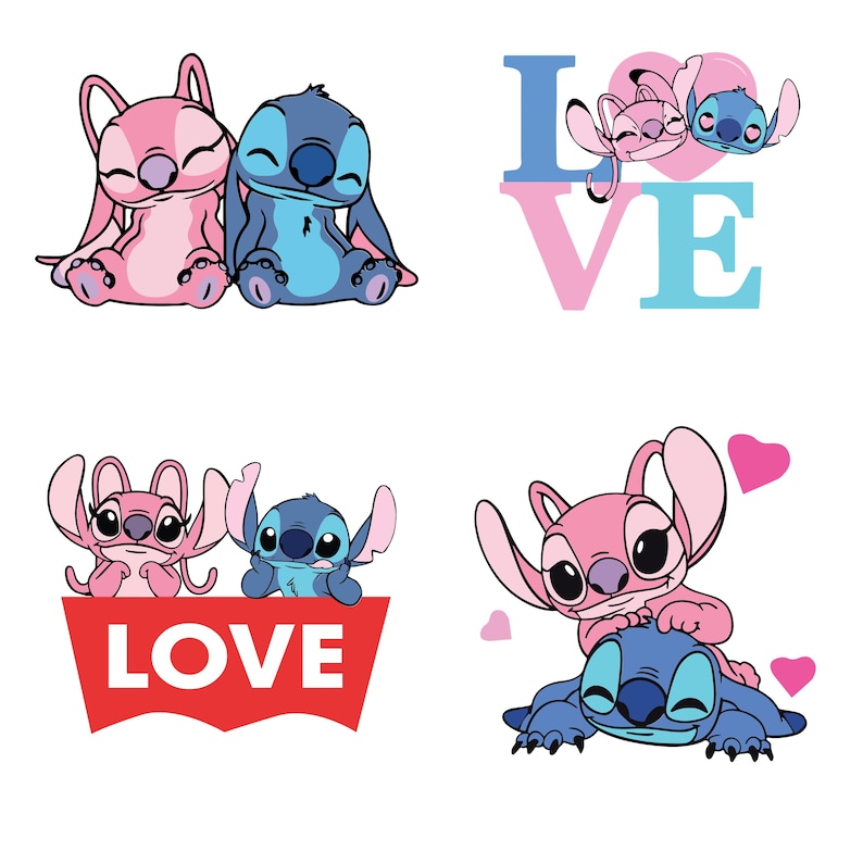 Pu&ograve; includere: Quattro immagini con i personaggi Stitch e Angel di Lilo & Stitch. Le immagini includono Stitch e Angel insieme, la parola "LOVE" con i personaggi e Stitch e Angel con cuori. I personaggi sono in tonalit&agrave; di blu e rosa.