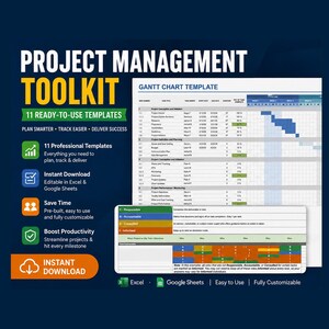 May include: A dark blue graphic advertising a project management toolkit. The image features a Gantt chart template and icons for templates, instant download, and saving time. Text includes "11 READY-TO-USE TEMPLATES" and "PLAN SMARTER TRACK EASIER DELIVER SUCCESS".