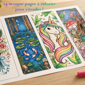 May include: A sheet of paper featuring four vertical rectangular bookmarks with intricate illustrations including a floral bouquet, a koi pond, a unicorn, and a mushroom forest, with the text 24 marque-pages à colorier pour s'évader!