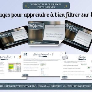 Peut inclure: Un guide numérique de 17 pages pour apprendre à filtrer sur Excel. Le document affiche le titre '17 pages pour apprendre à bien filtrer sur Excel' et la marque 'FlexiAdmin', avec des exemples visuels de feuilles de calcul et d'icônes.