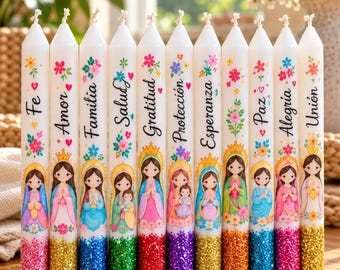 May include: A set of eleven white taper candles, each featuring a colorful illustration of a religious figure, floral accents, and a unique word in black script: Fe, Amor, Familia, Salud, Gratitud, Protección, Esperanza, Paz, Alegria, and Unión.