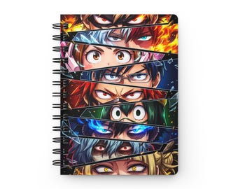Cuaderno/Diario con espiral y collage de ojos de personajes de MHA