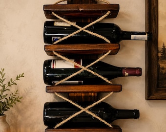Rustic Wooden Wine Rack: Wall Mounted Bottle Holder, Farmhouse Bar Decor Gift