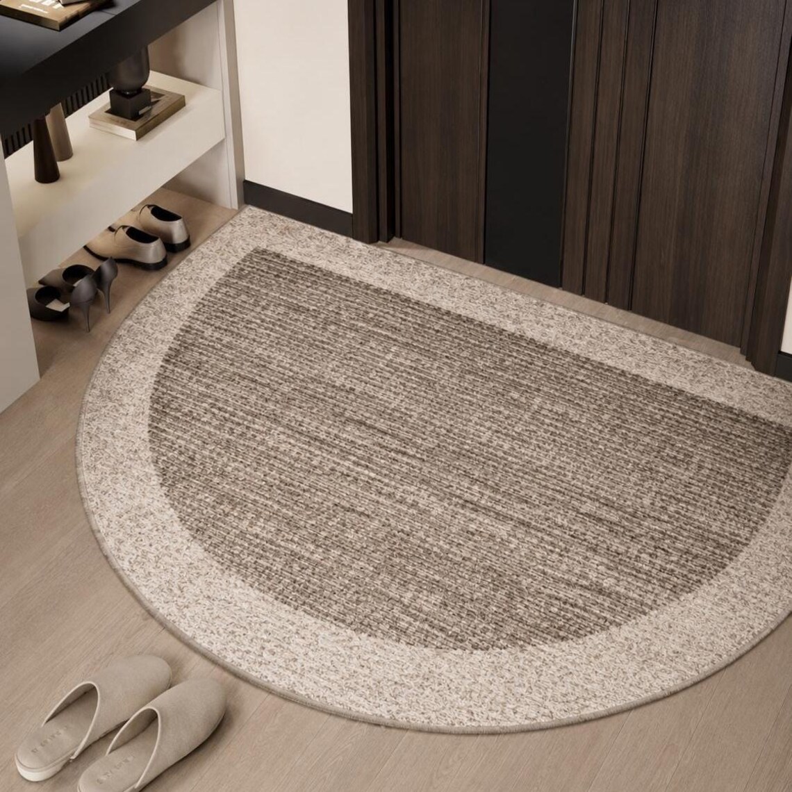 Tonal Mat Semi Circular Welcome Mat: Neutral Tone Woven Border, Non-slip Rug ...