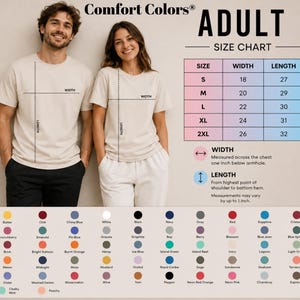 The image is an adult size chart for a t-shirt, featuring a man and a woman standing side by side. The chart provides measurements for different sizes, including S, M, L, XL, 2XL, and 2. The chart also includes a legend that explains the color-coded measurements.