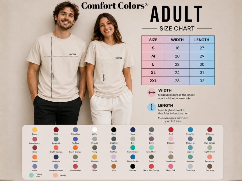 The image is an adult size chart for a t-shirt, featuring a man and a woman standing side by side. The chart provides measurements for different sizes, including S, M, L, XL, 2XL, and 2. The chart also includes a legend that explains the color-coded measurements.