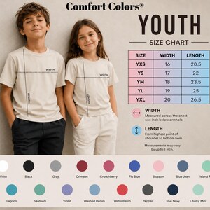 The image is a size chart for youth t-shirts, featuring two children standing side by side and their measurements. The chart provides a visual guide for selecting the appropriate size based on the child's height and width.