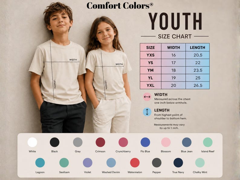 The image is a size chart for youth t-shirts, featuring two children standing side by side and their measurements. The chart provides a visual guide for selecting the appropriate size based on the child's height and width.