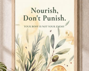 Stampa "Nutri, non punire", decorazione murale botanica color oro e beige, poster nutrizionale per la cucina, decorazione con erbe e limone