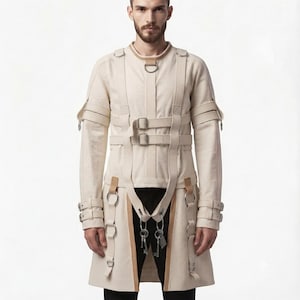 Stevige katoenen dwangbuis, middeleeuwse cosplayjas voor heren | Steampunk gotische trenchcoat met riem | Winter Halloweenkostuum