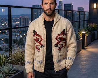 Fox Cardigan Hand Knit Wool Sweater Inspired by Hail Mary Wolf Style Cardigan