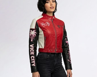 Lucia Inspired GTA 6 Leather Jacket – Vice City Cosplay Biker Jacket – Red Black Cropped Jacket – Gamer Streetwear