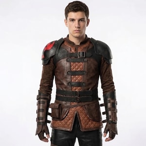 May include: A brown and black long-sleeved tunic featuring a quilted center panel, shoulder pauldrons with a red emblem, and matching forearm bracers. The garment includes multiple horizontal buckled straps across the chest and arms.