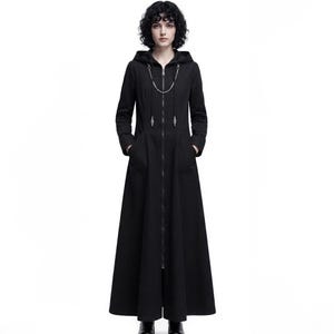 May include: A floor-length black hooded coat featuring a full-length front zipper, long sleeves, and two side pockets. The garment is accented with a silver-toned metal chain draped across the chest, attached to the collar with decorative metal hardware.