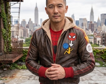 Marvel Rivals Inspired Leather Hoodie, Spider-Man Bomber Jacket with Patches, Superhero Cosplay Streetwear, Geek Gift Faux Leather Coat