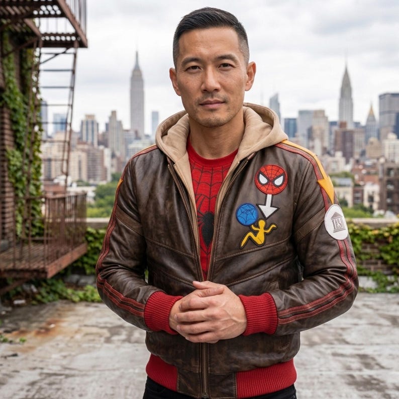 A man model wearing Marvel Rivals Inspired Spider-Man Bomber Leather Jacket with Hoodie, featuring embroidered Spider-Man inspired patches on the chest.