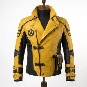 Könnte beinhalten: Eine gelb-schwarze Lederjacke mit hohem Kragen, asymmetrischem Frontreißverschluss mit zwei Schnallenriemen, gerippten Schulter- und Ellbogenpartien, verstellbaren Schnallenmanschetten und einem kreisförmigen schwarzen X-Logo auf der Brust.
