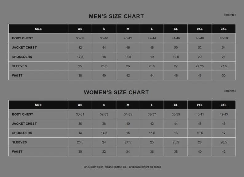 Puede incluir: Una tabla de tallas para hombres y mujeres, con medidas en pulgadas. La tabla incluye tallas XS a 3XL, detallando pecho, pecho de chaqueta, hombros, mangas y medidas de cintura. El texto "MEN'S SIZE CHART" y "WOMEN'S SIZE CHART" est&aacute;n en la parte superior.