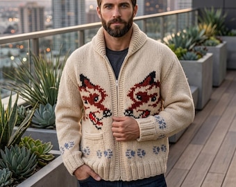 Wolf Cardigan Project Hail Mary Style Wool Sweater | hand knit men's zip sweater