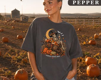Pumpkin Picking Crew Shirt, Vintage Halloween Skeleton Tee, Pumpkin Patch Shirt, Spooky Season Sweatshirt, Fall Halloween Graphic