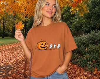 Jack-o'-lantern and Ghost T-Shirt, Spooky Cute Halloween Graphic Tee, Playful Pumpkin Chasing Ghosts Apparel, Kawaii Fall Season Outfit