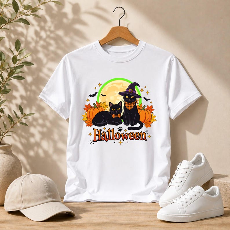 A graphic design featuring two black cats, one wearing a purple witch hat and orange bandana, sitting among pumpkins and autumn leaves under a full moon with the word Halloween below.