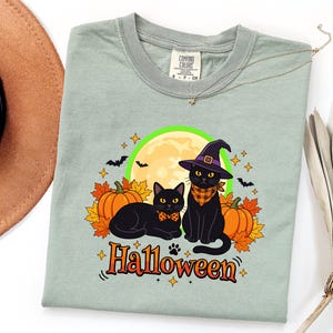 A graphic design featuring two black cats, one wearing a purple witch hat and orange bandana, sitting among pumpkins and autumn leaves under a full moon with the word Halloween below.