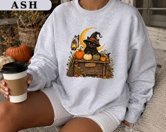 Black Cat Halloween Shirt, Open After Midnight Tee, Vintage Pumpkin Stand Shirt, Witch Cat Halloween Tee, Spooky Season Sweatshirt