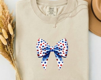 Patriotic Polka Dot Bow Graphic Tee, Red White Blue Americana Shirt, Fourth of July Outfit, Cute Summer Holiday