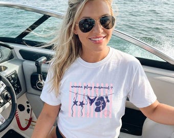 Wanna Play Mermaid Graphic Tee, Coastal Summer Beach Vacation Shirt, Funny Mermaidcore Gift for Her, Beach Trip Outfit