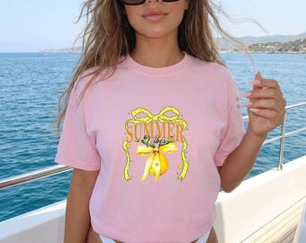 Summer Vibes Lemon Graphic Tee, Retro Coquette Bow Shirt, Cute Citrus Summer Outfit, Sunny Day Lemon Lover Gift