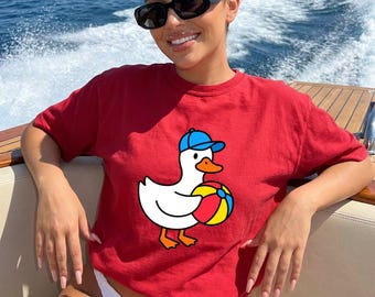 Cartoon Duck Beach Ball Graphic Tee, Cute Duck Baseball Cap Shirt, Summer Vacation Outfit, Funny Animal Lover Gift