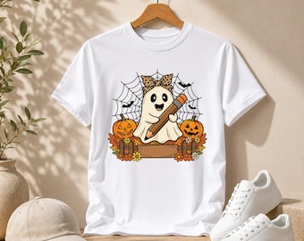 Ghost Teacher Halloween T-Shirt, Cute Pencil Pumpkin Graphic Tee, Spooky School Supplies Apparel, Coquette Leopard Bow Fall Outfit