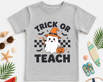 Trick or Teach Teacher Halloween T-Shirt, Cute Ghost Witch Hat Graphic Tee, Spooky School Classroom Apparel