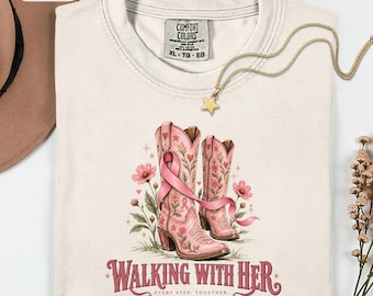 Breast Cancer Awareness Shirt, Pink Ribbon Western Tee, Walking With Her Shirt, Pink Cowboy Boots Tee, October Awareness Shirt