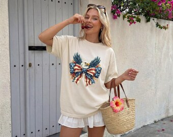 Patriotic Bald Eagle Graphic Tee, American Flag Bow Shirt, 4th of July Independence Day Gift for Her