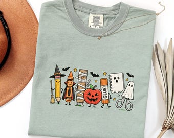 Halloween School Supplies T-Shirt, Cute Kawaii Classroom Graphic Tee, Spooky Pencil Witch Crayon Vampire Apparel, Teacher Fall Outfit