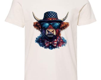 Patriotic Highland Cow Graphic Tee, American Flag Western Shirt, 4th of July Independence Day Gift for Cow Lover