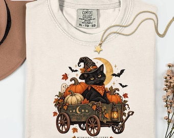 Vintage Halloween Cat Shirt, Witchy Black Cat Tee, Cozy Fall Graphic Sweatshirt, Spooky Season Tee, Autumn Gift