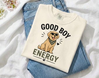 Good Boy Energy Golden Retriever T-Shirt, Funny Dog Graphic Tee, Retro Floral Bandana Apparel, Wholesome Pet Lover Aesthetic