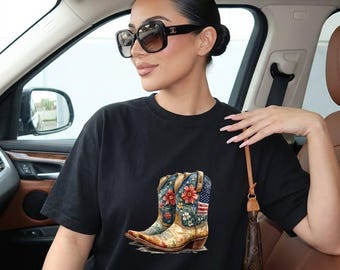 Patriotic Cowboy Boots Graphic Tee, Floral American Flag Western Shirt, Country Music Festival Outfit, 4th of July Patriotic